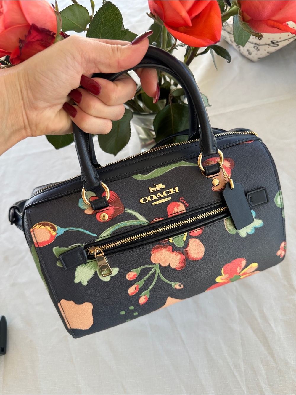 Coach navy Floral Mini Bennett Satchel - Black with Red and Cream Flowers
